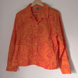 FLAX Bright Orange 100% Linen Shirt Jacket Pink Floral Design Bright Vibrant